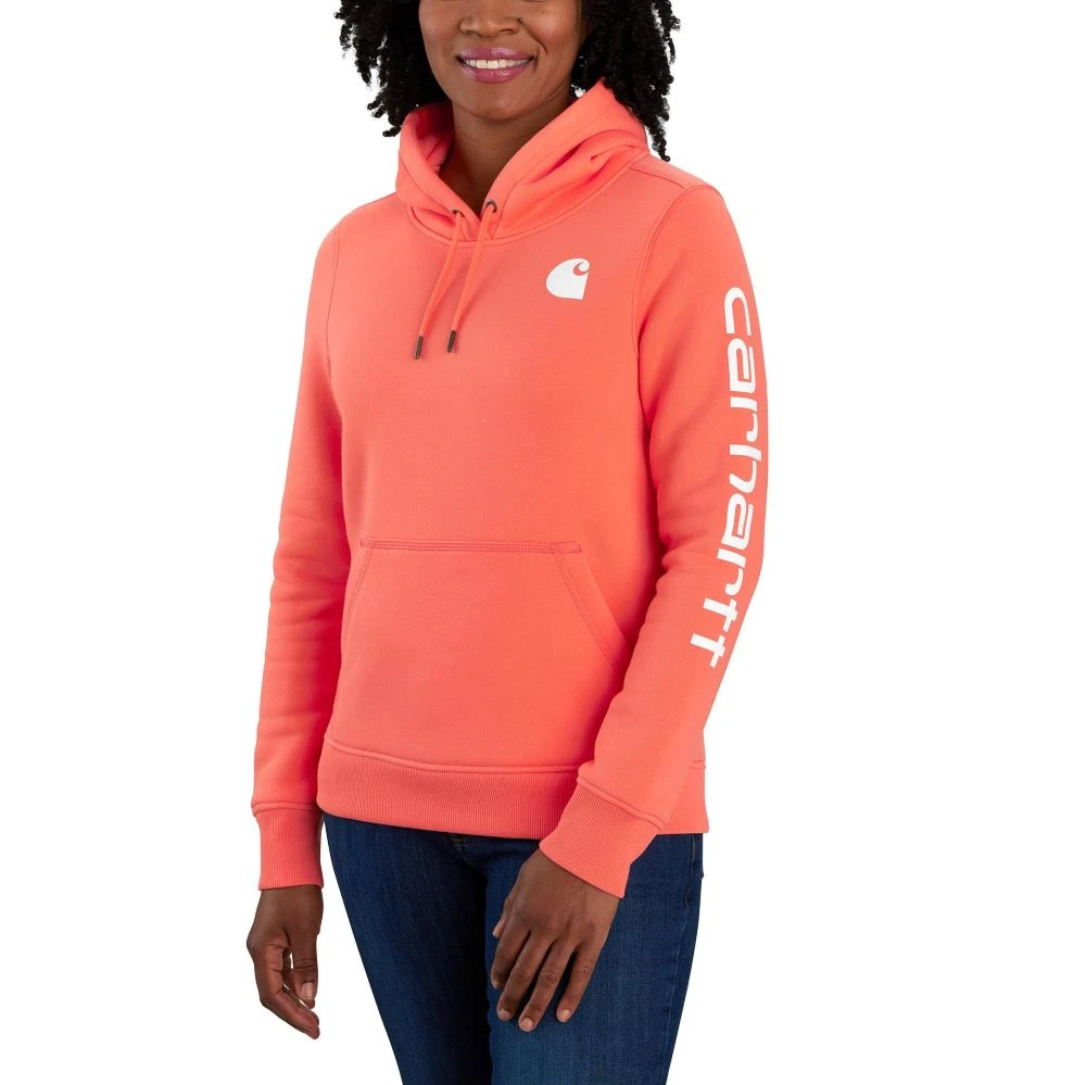 'Carhartt' Women's Clarksburg Logo Sleeve Graphic Hoodie - Electric Coral 1 'Carhartt' Women's Clarksburg Logo Sleeve Graphic Hoodie - Electric Coral