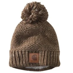 'Carhartt' Women's Rib Knit Sherpa-Lined Pom Pom Beanie - Coffee